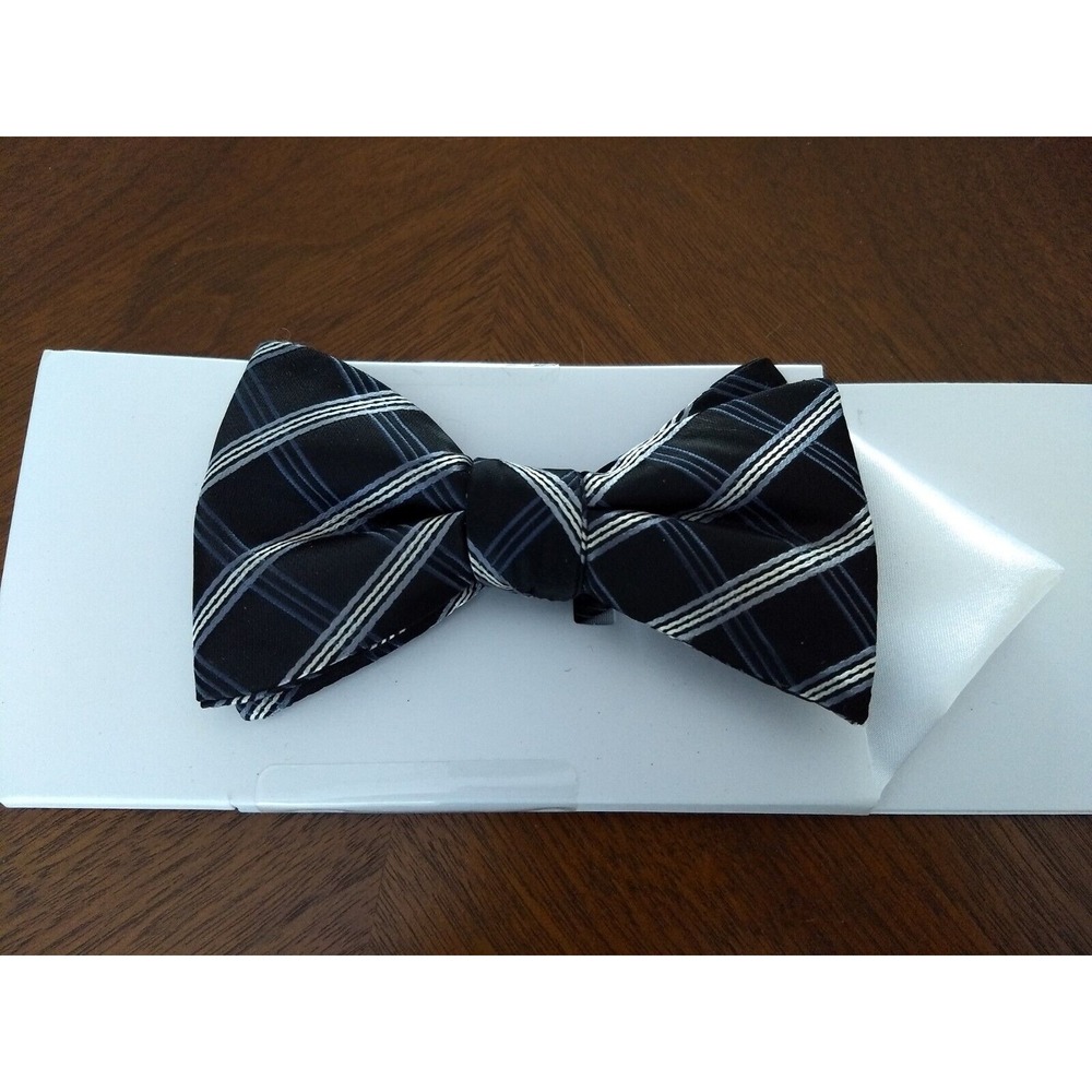 ALFANI SPECTRUM Men's‎ Bow Tie & Pocket Square Black w/ Gray White Stripes NEW